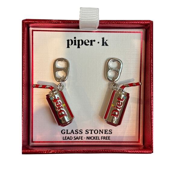 Piper K Diet Coke Pepsi Soda Pop Can Glass Earrings Boxed New Silver Red - Picture 1 of 4